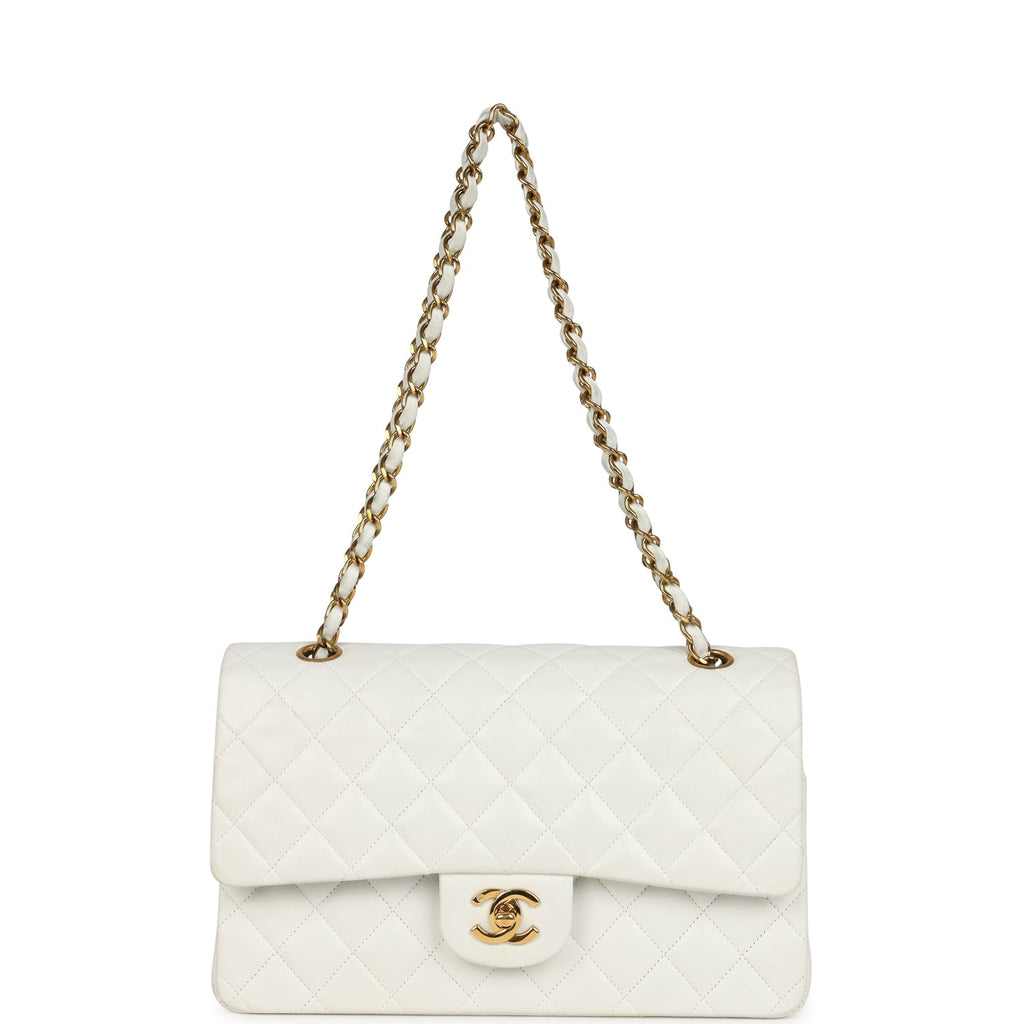Chanel Vintage Medium Classic Double Flap Bag White Lambskin Gold Hardware