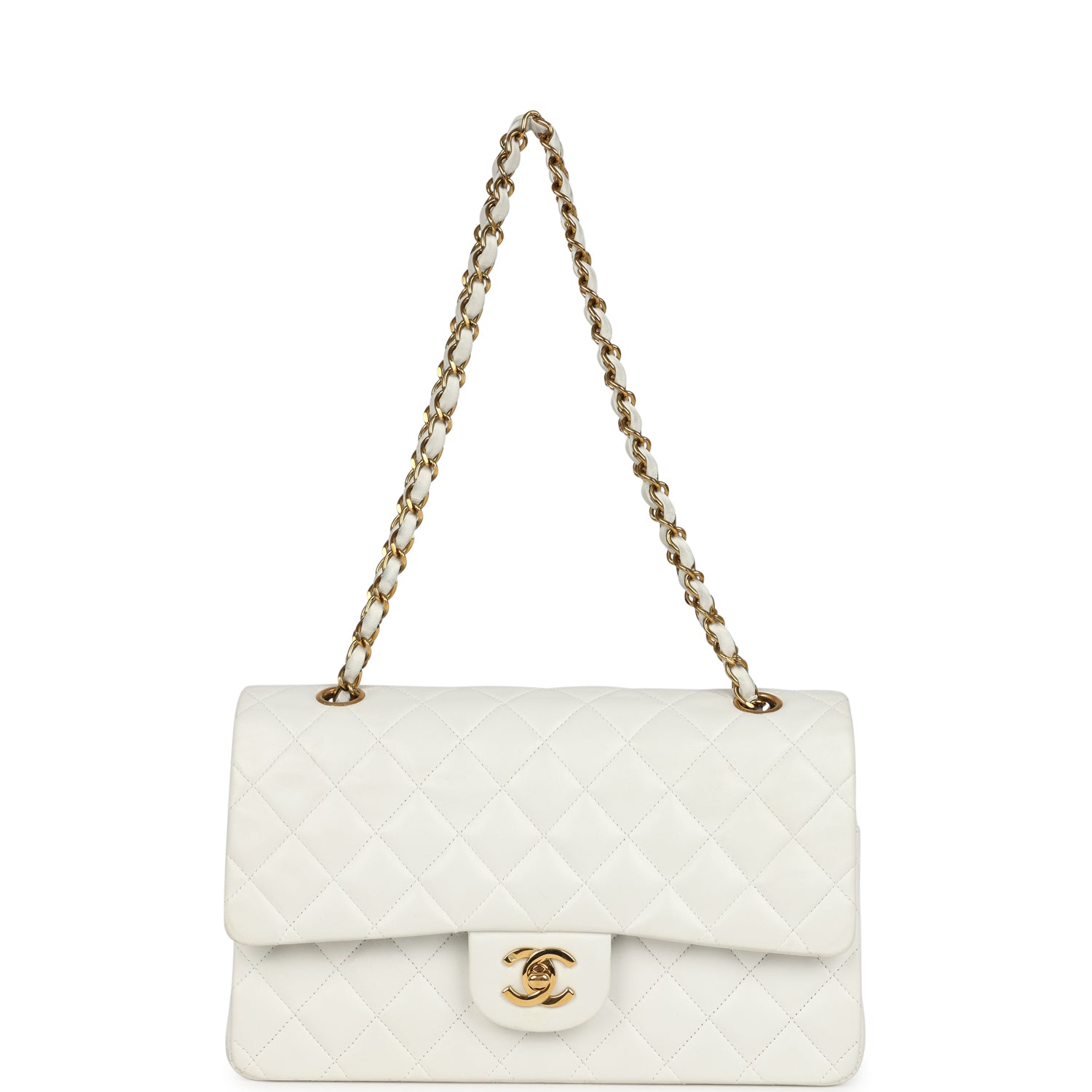 Chanel Vintage Medium Classic Double Flap Bag White Lambskin Gold Hardware