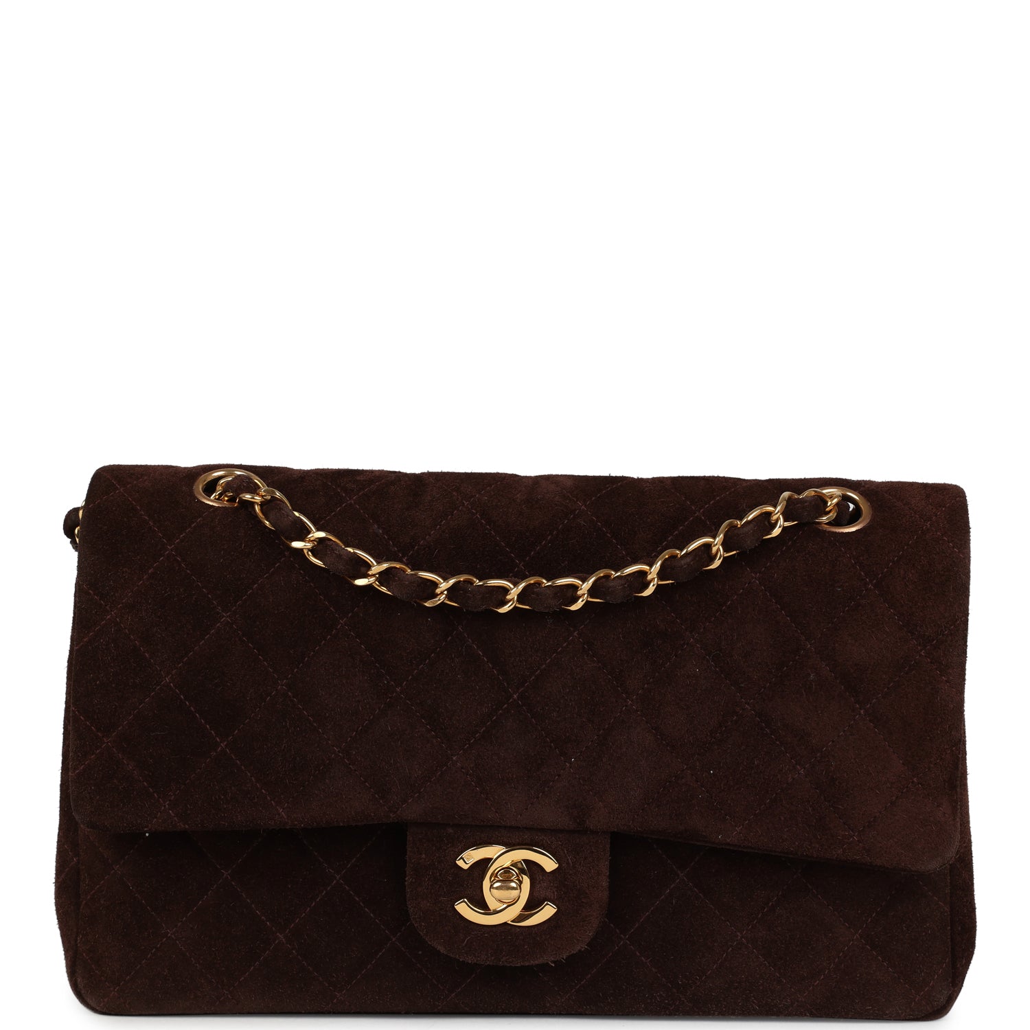 Chanel Vintage Medium Classic Double Flap Bag Brown Suede Gold Hardware