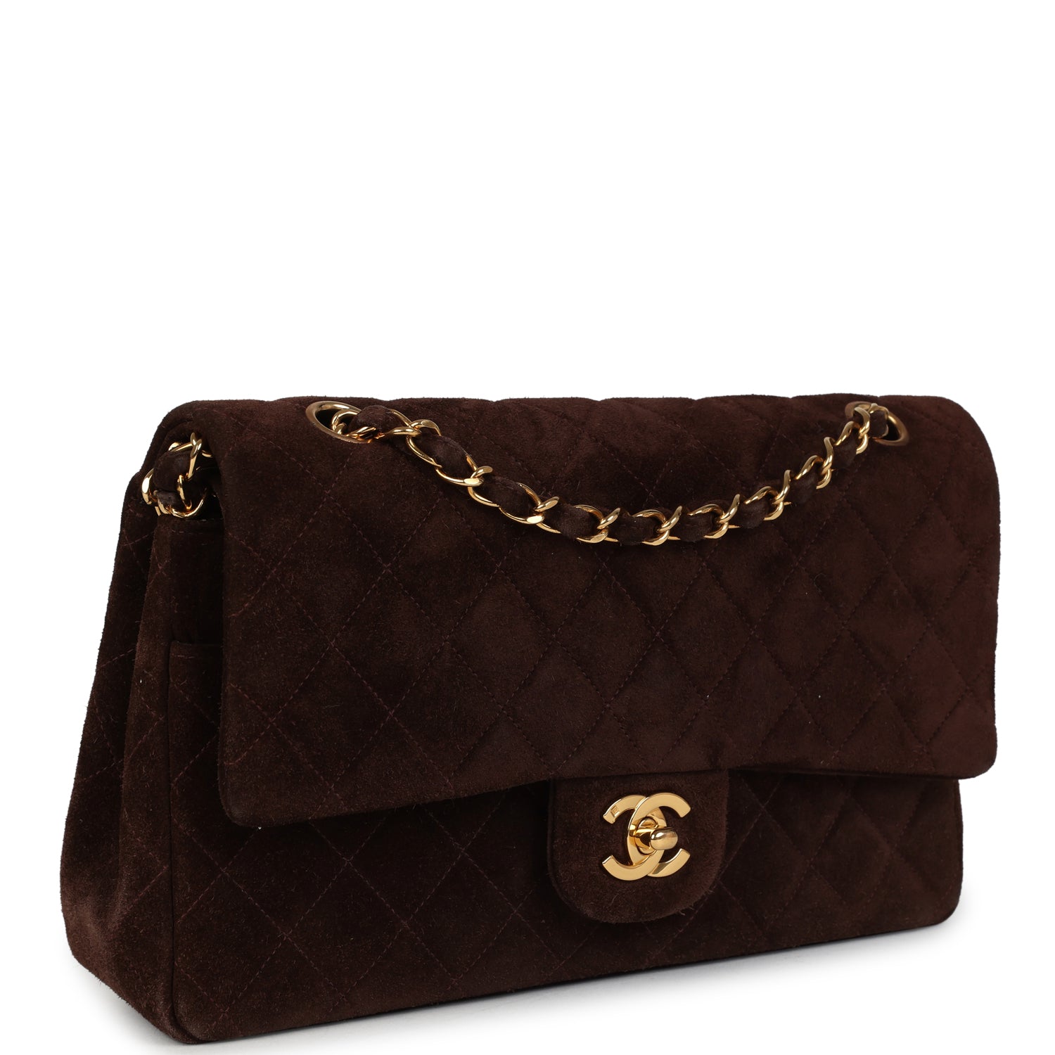 Chanel Vintage Medium Classic Double Flap Bag Brown Suede Gold Hardware