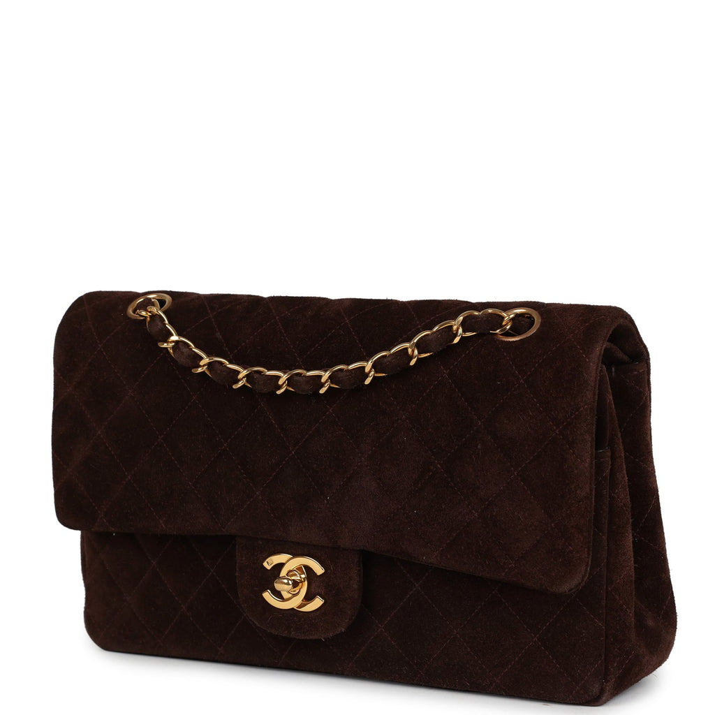 Chanel Vintage Medium Classic Double Flap Bag Brown Suede Gold Hardware
