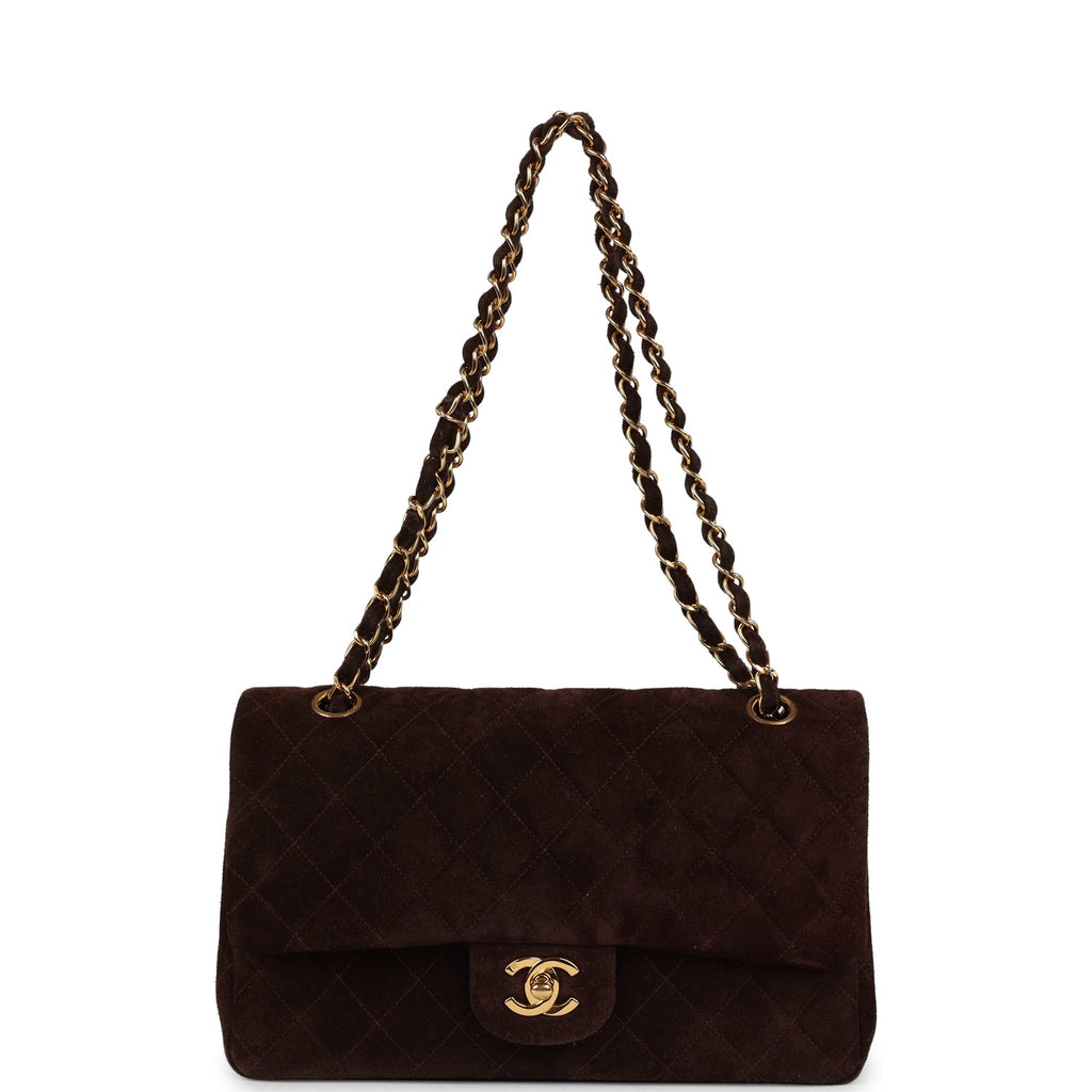 Chanel Vintage Medium Classic Double Flap Bag Brown Suede Gold Hardware