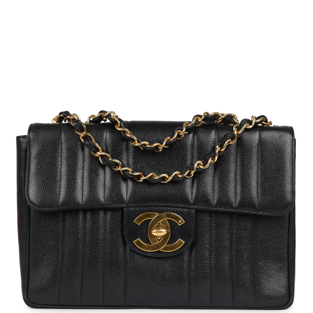 Chanel Vintage Jumbo Mademoiselle Vertical Flap Black Caviar Gold Hardware
