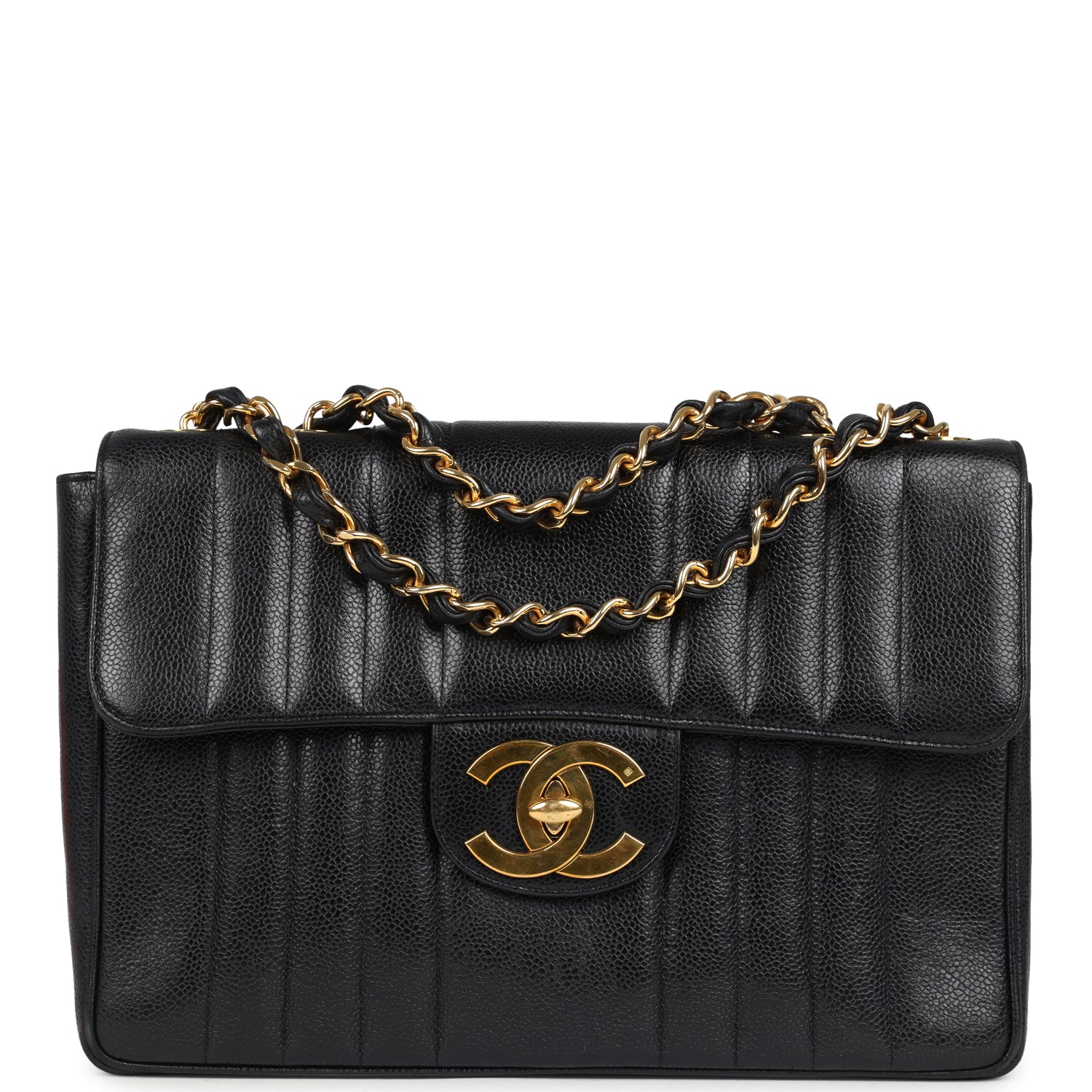 Chanel Vintage Jumbo Mademoiselle Vertical Flap Black Caviar Gold Hardware