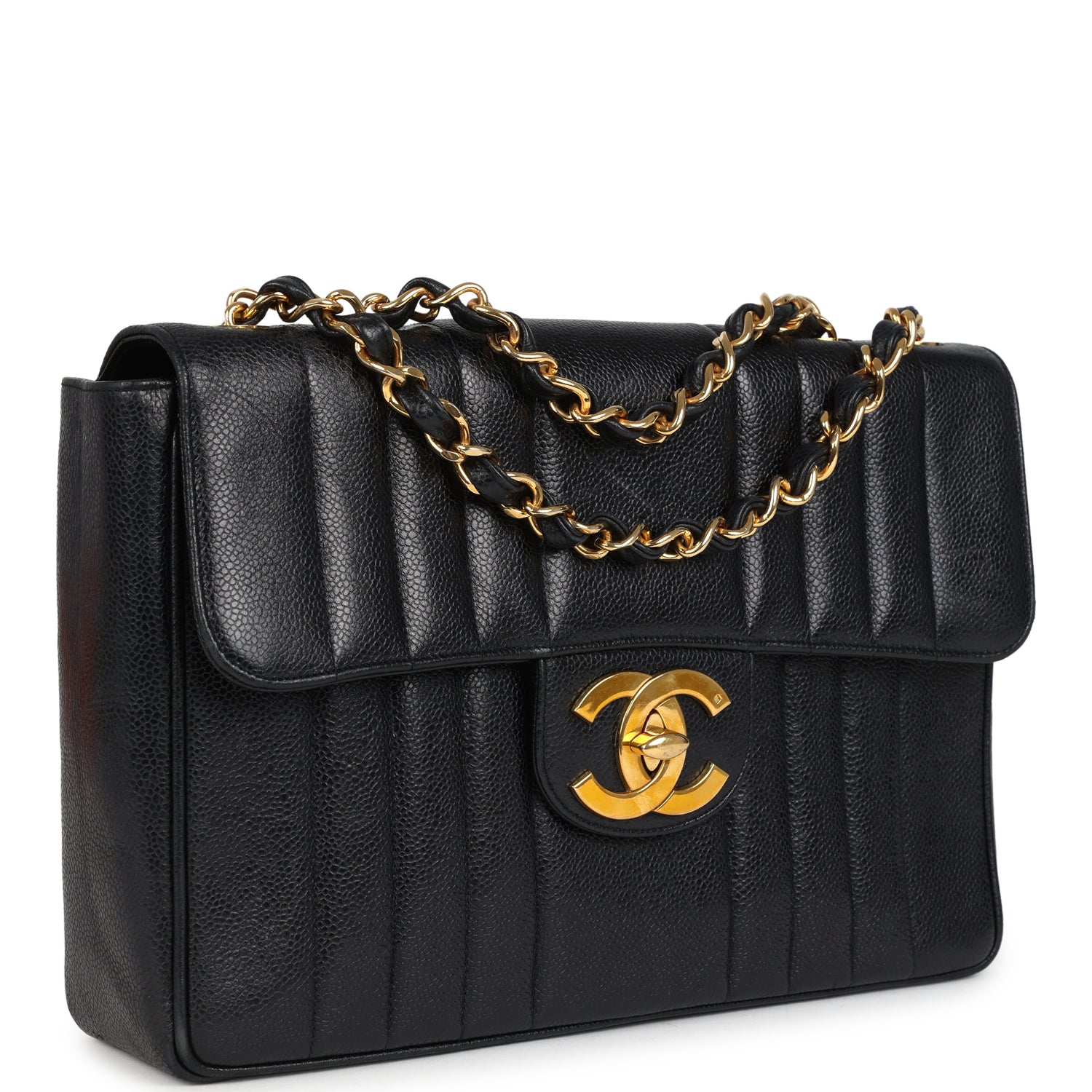 Chanel Vintage Jumbo Mademoiselle Vertical Flap Black Caviar Gold Hardware