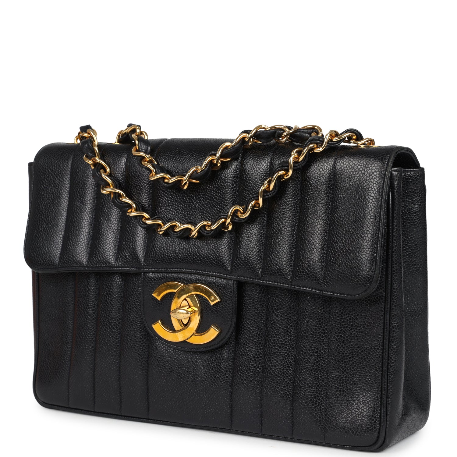 Chanel Vintage Jumbo Mademoiselle Vertical Flap Black Caviar Gold Hardware