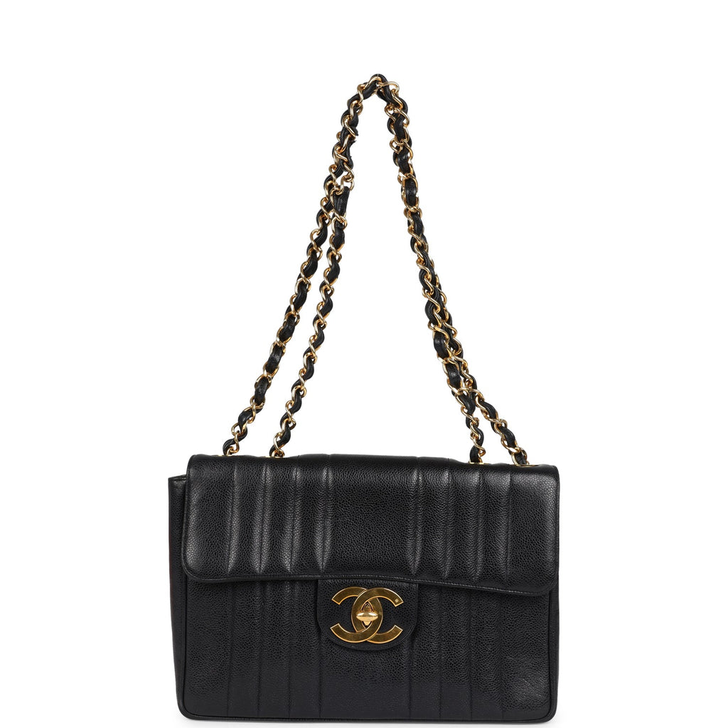 Chanel Vintage Jumbo Mademoiselle Vertical Flap Black Caviar Gold Hardware