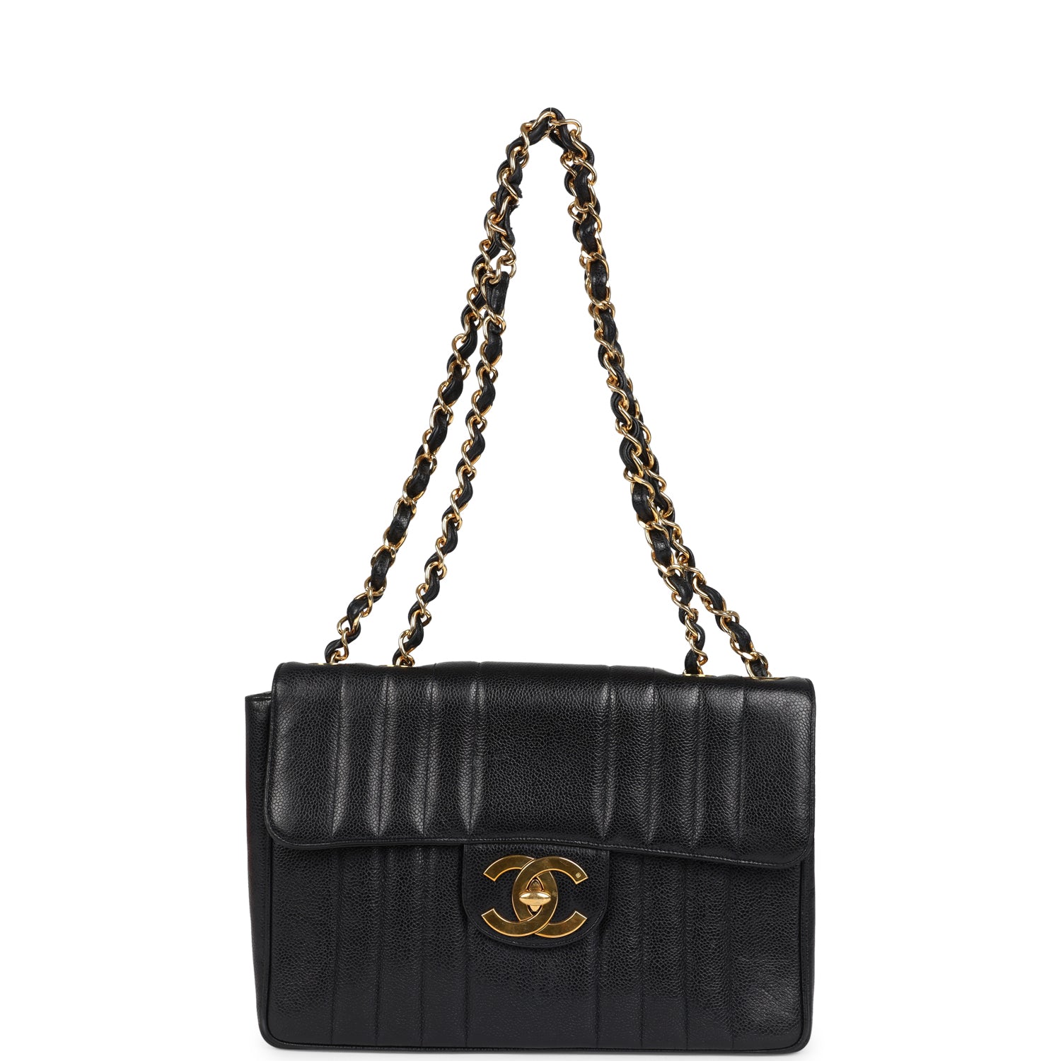 Chanel Vintage Jumbo Mademoiselle Vertical Flap Black Caviar Gold Hardware