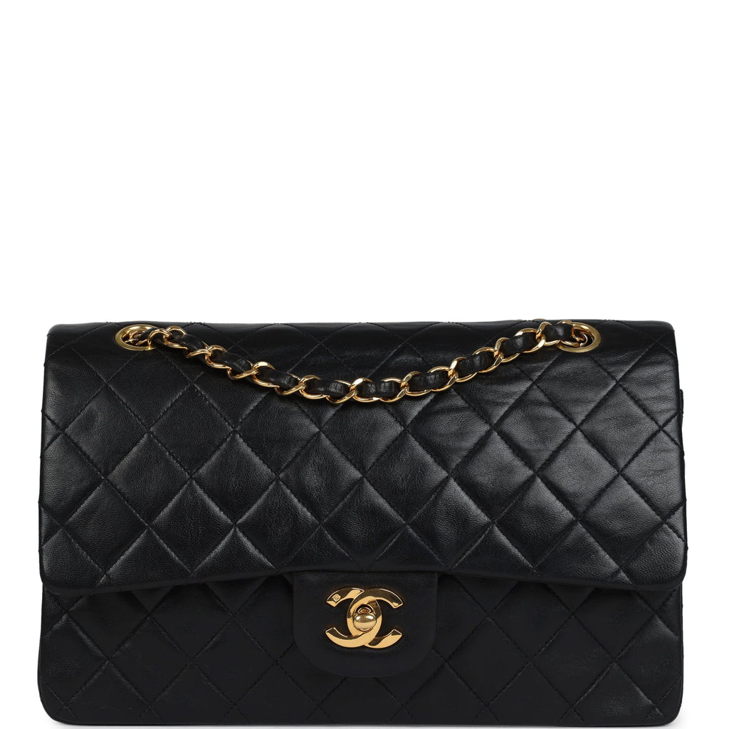 Chanel Vintage Medium Classic Double Flap Bag Black Lambskin Gold Hardware