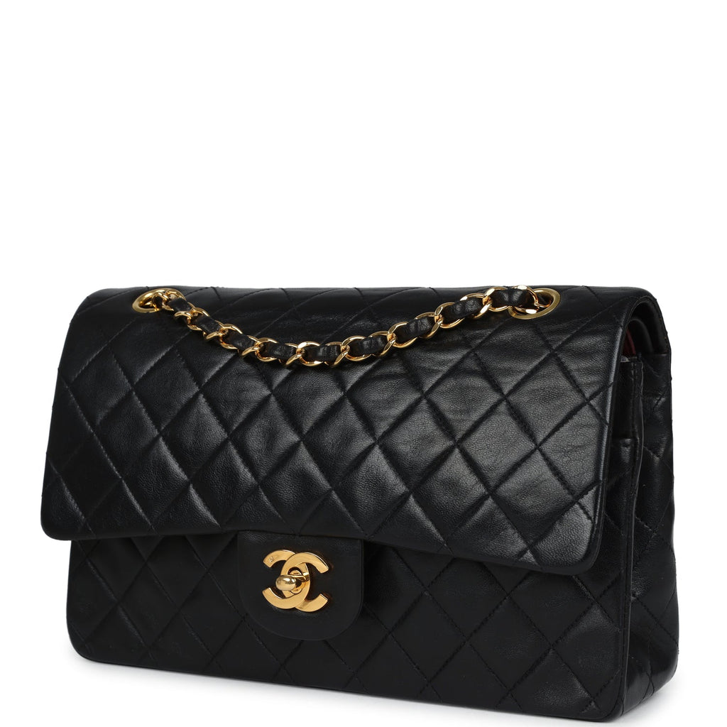 Chanel Vintage Medium Classic Double Flap Bag Black Lambskin Gold Hardware