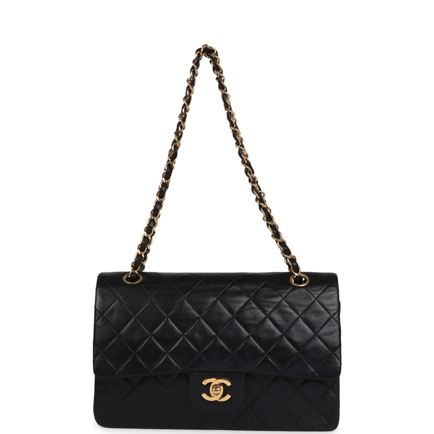 Chanel Vintage Medium Classic Double Flap Bag Black Lambskin Gold Hardware
