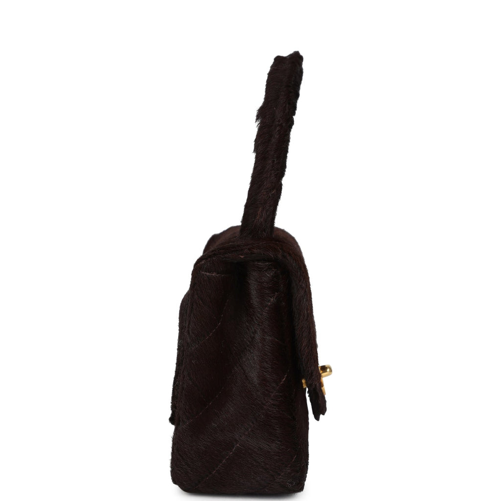 Chanel Vintage Micro Kelly Child Dark Brown Pony Hair Gold Hardware