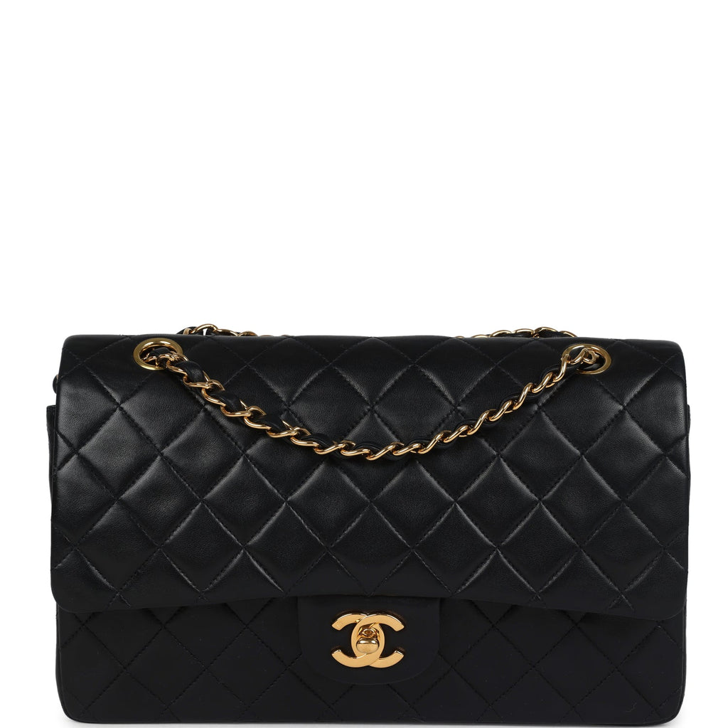 Chanel Vintage Medium Classic Double Flap Bag Black Lambskin Gold Hardware