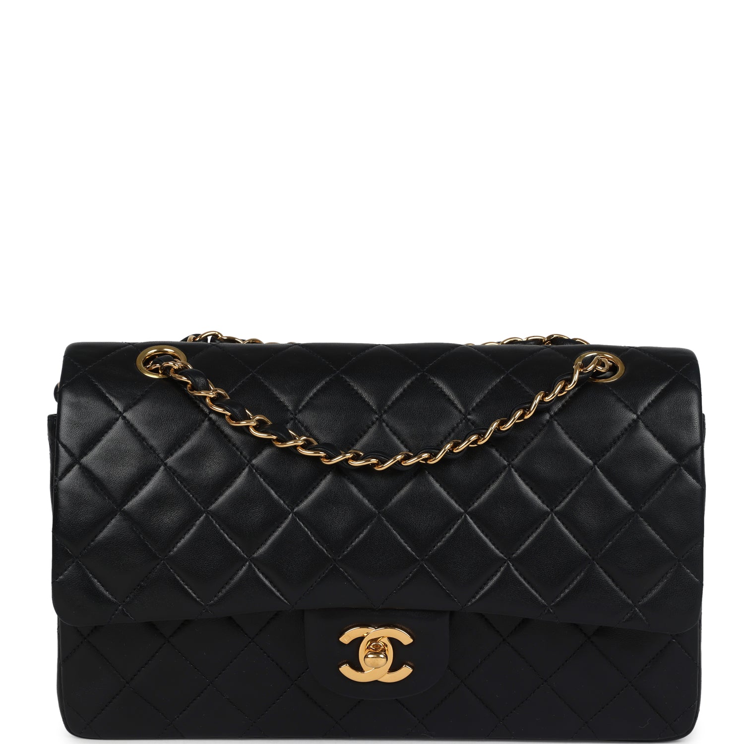 Chanel Vintage Medium Classic Double Flap Bag Black Lambskin Gold Hardware