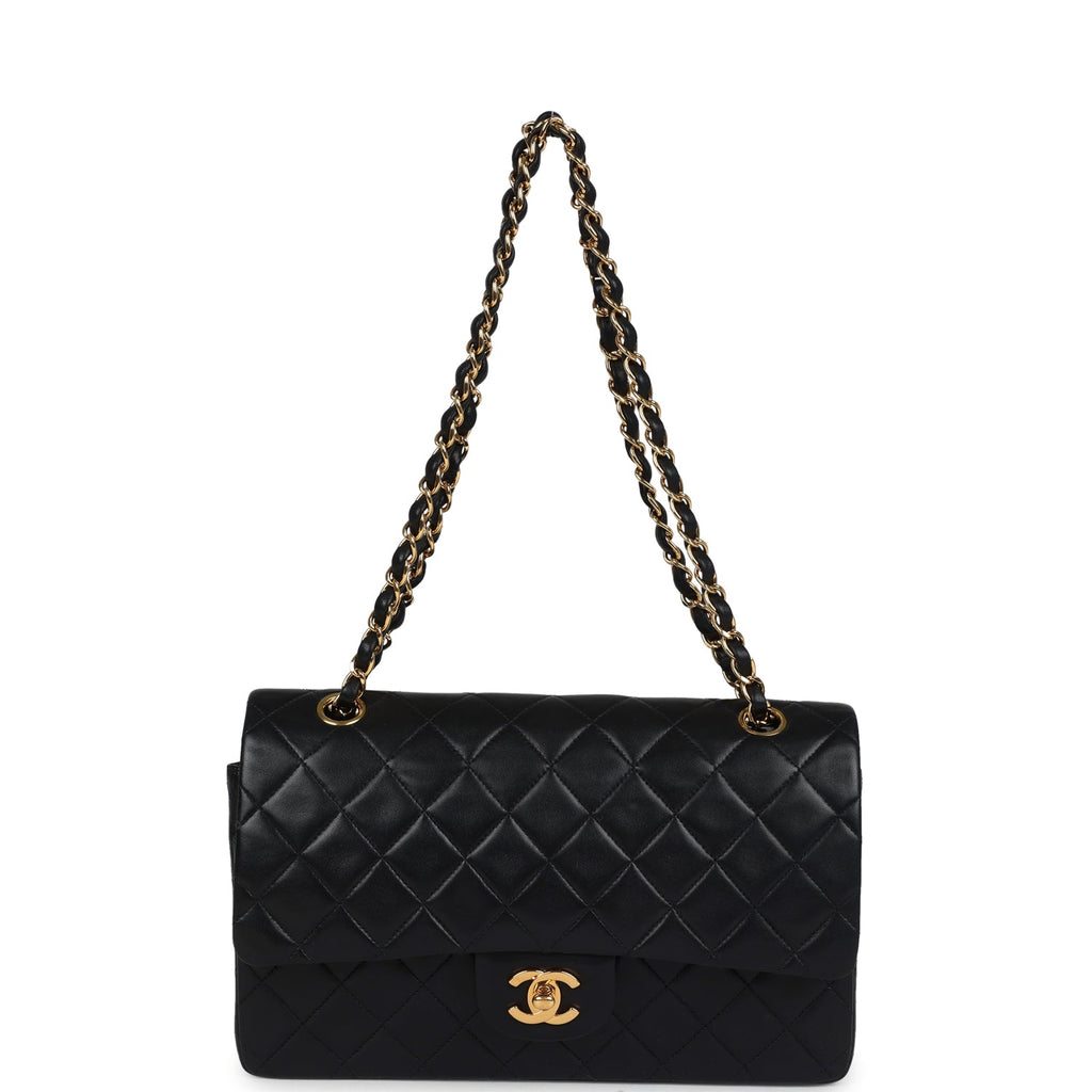 Chanel Vintage Medium Classic Double Flap Bag Black Lambskin Gold Hardware