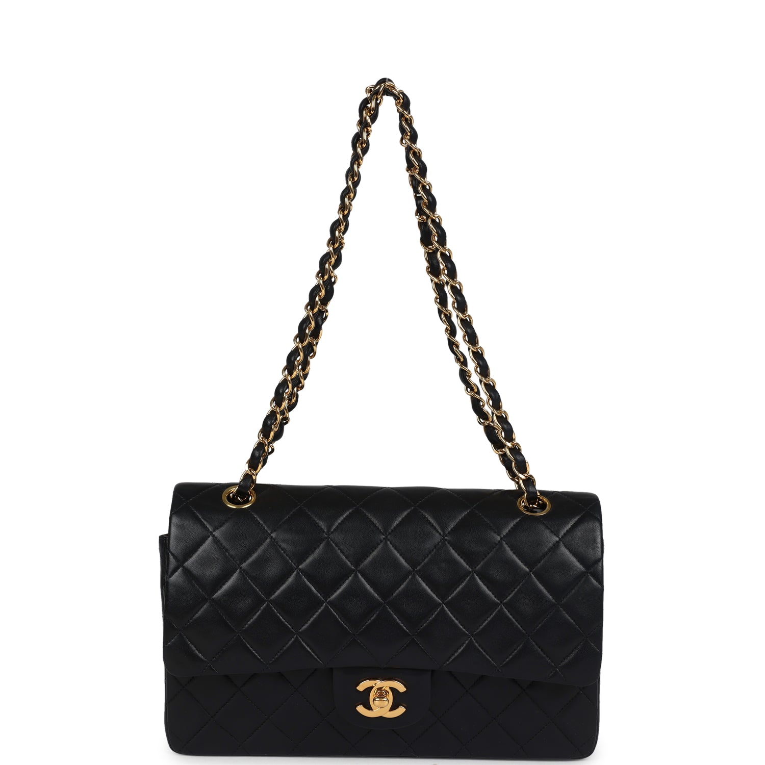 Chanel Vintage Medium Classic Double Flap Bag Black Lambskin Gold Hardware