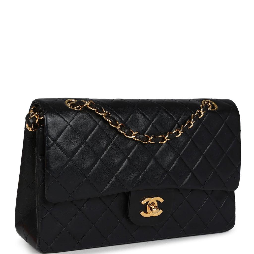 Chanel Vintage Medium Classic Double Flap Bag Black Lambskin Gold Hardware