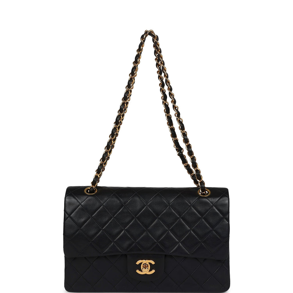 Chanel Vintage Medium Classic Double Flap Bag Black Lambskin Gold Hardware