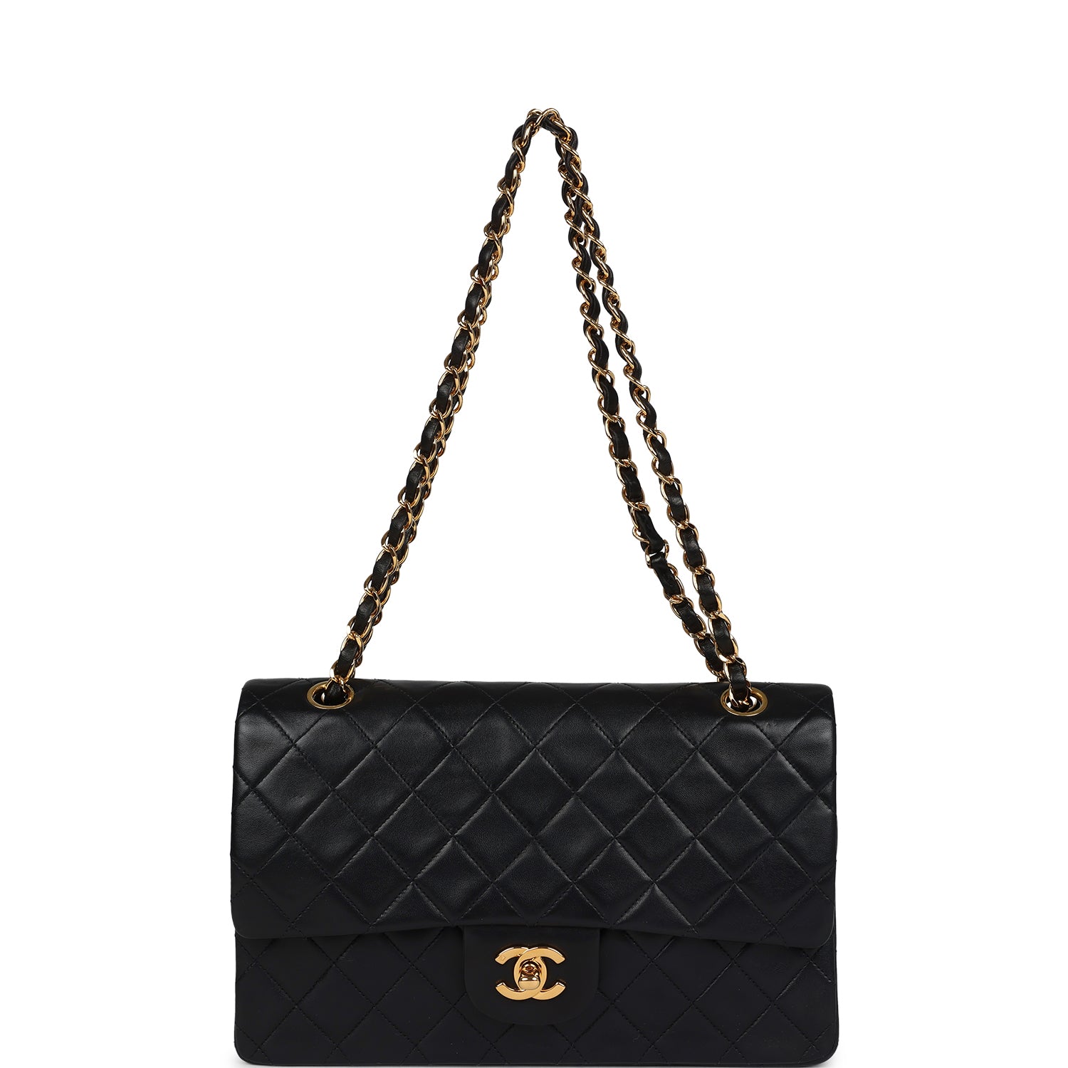 Chanel Vintage Medium Classic Double Flap Bag Black Lambskin Gold Hardware
