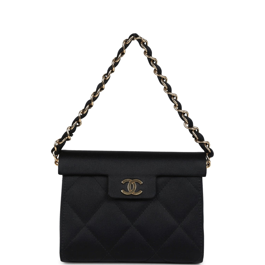 Chanel Vintage Mini Evening Handbag Bag Black Satin Gold Hardware
