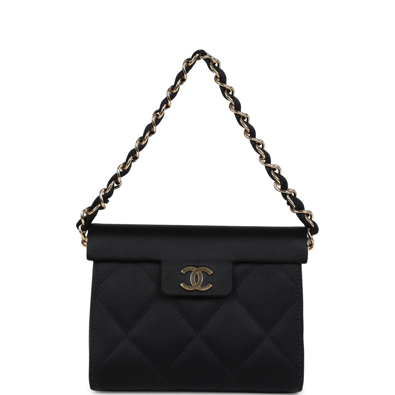 Chanel Vintage Mini Evening Handbag Bag Black Satin Gold Hardware