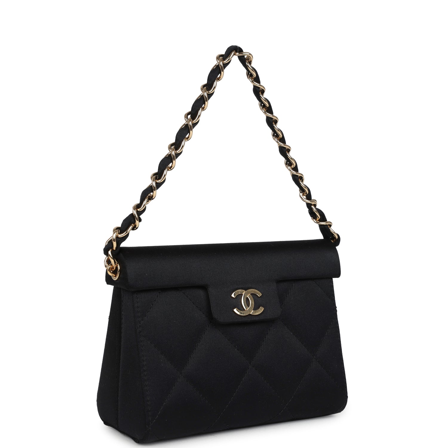 Chanel Vintage Mini Evening Handbag Bag Black Satin Gold Hardware