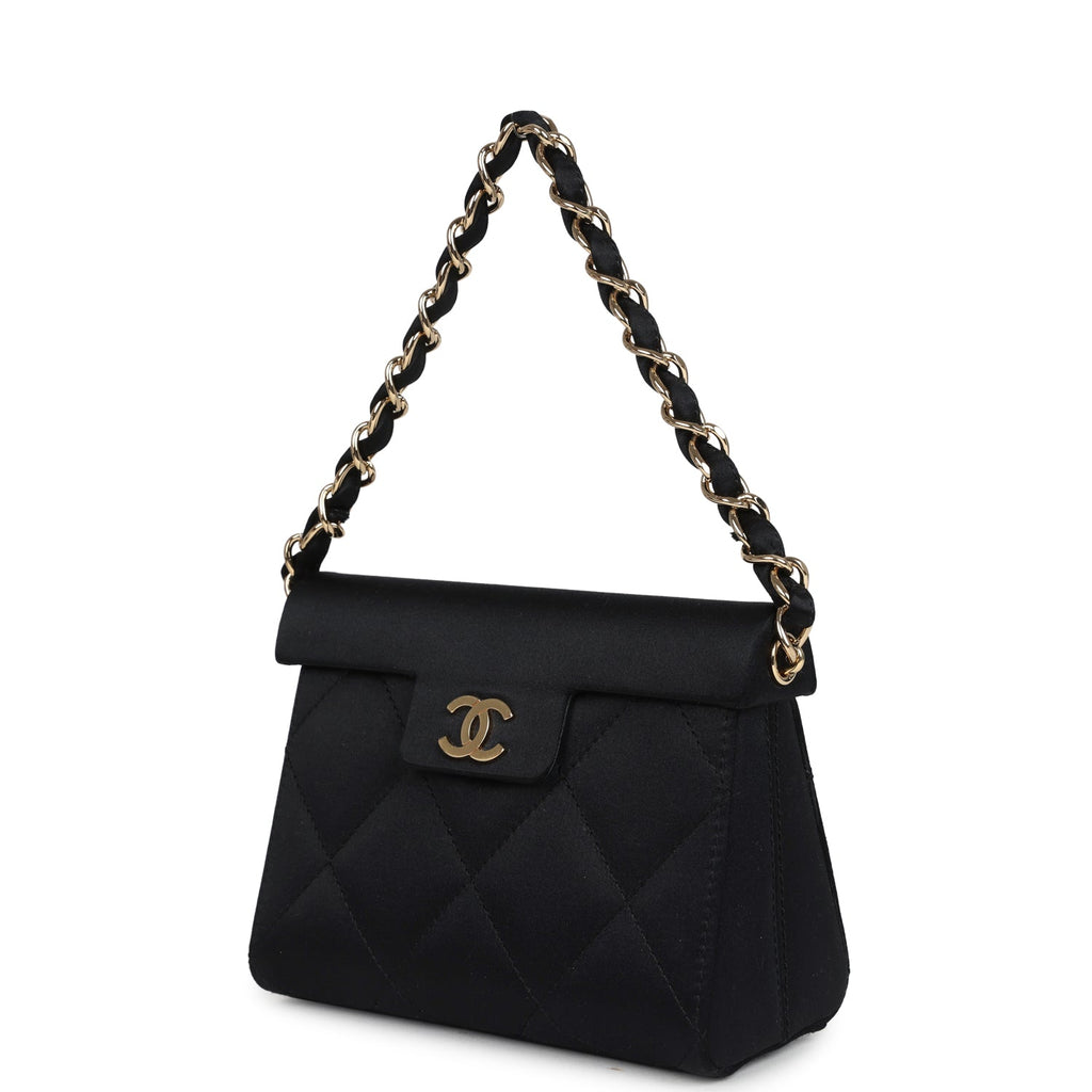 Chanel Vintage Mini Evening Handbag Bag Black Satin Gold Hardware