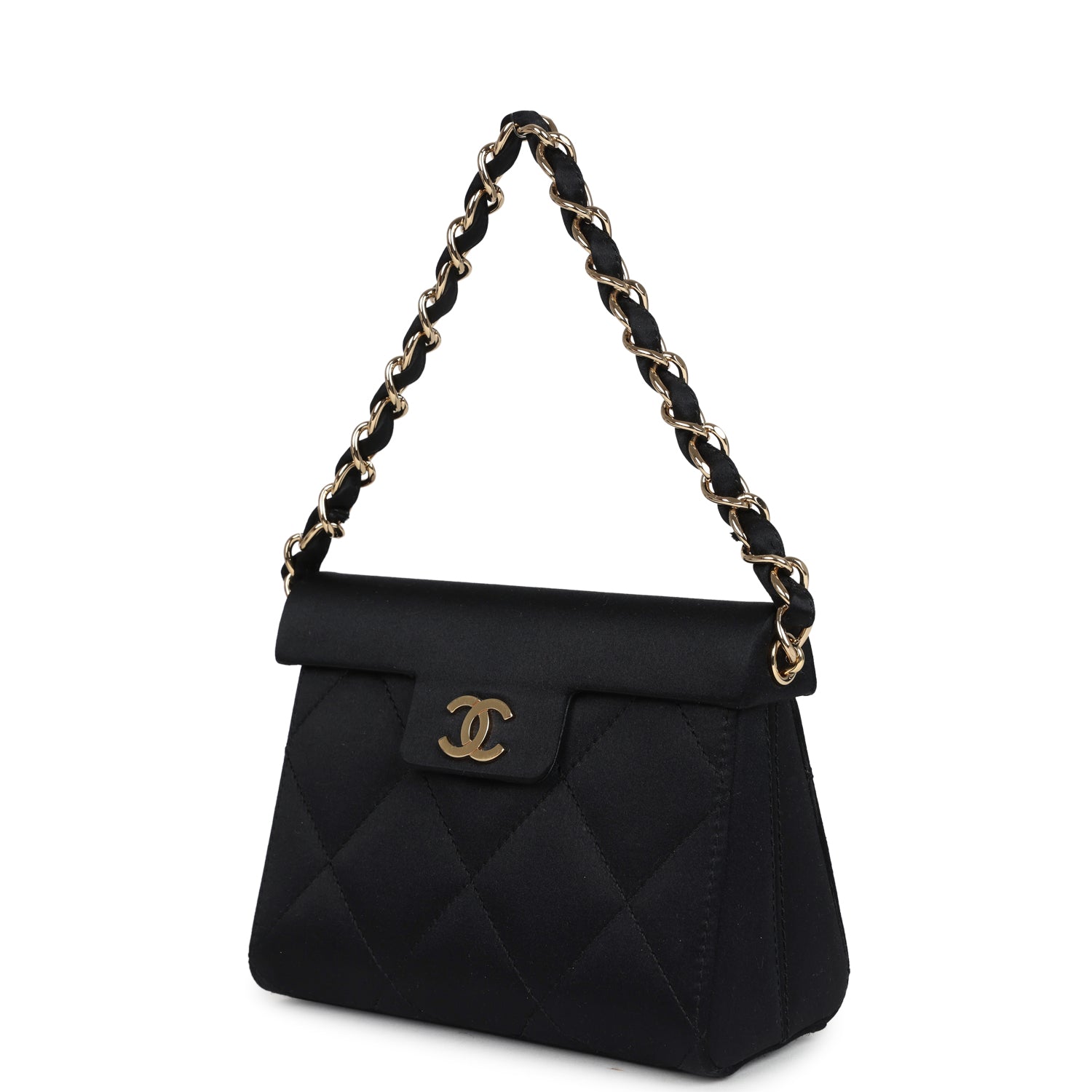 Chanel Vintage Mini Evening Handbag Bag Black Satin Gold Hardware