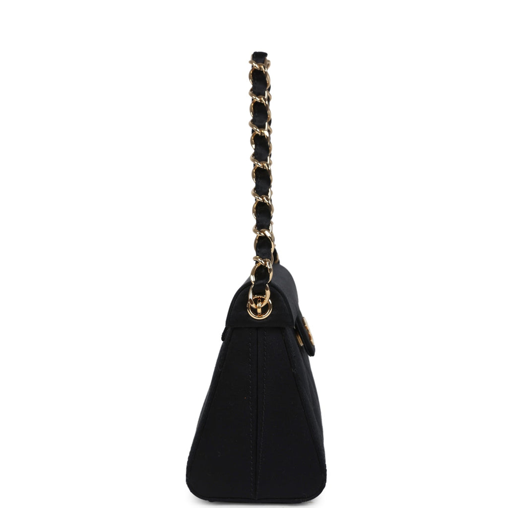 Chanel Vintage Mini Evening Handbag Bag Black Satin Gold Hardware