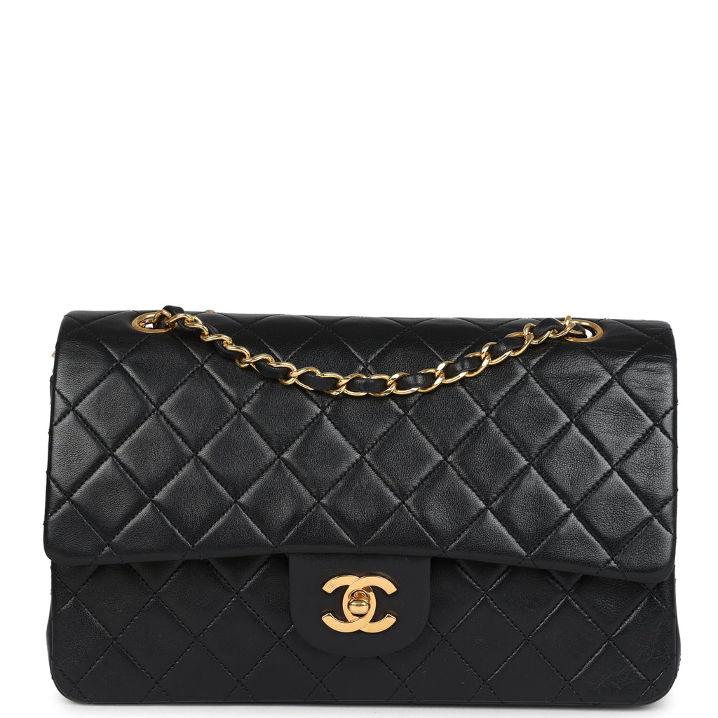 Chanel Vintage Medium Classic Double Flap Bag Black Lambskin Gold Hardware