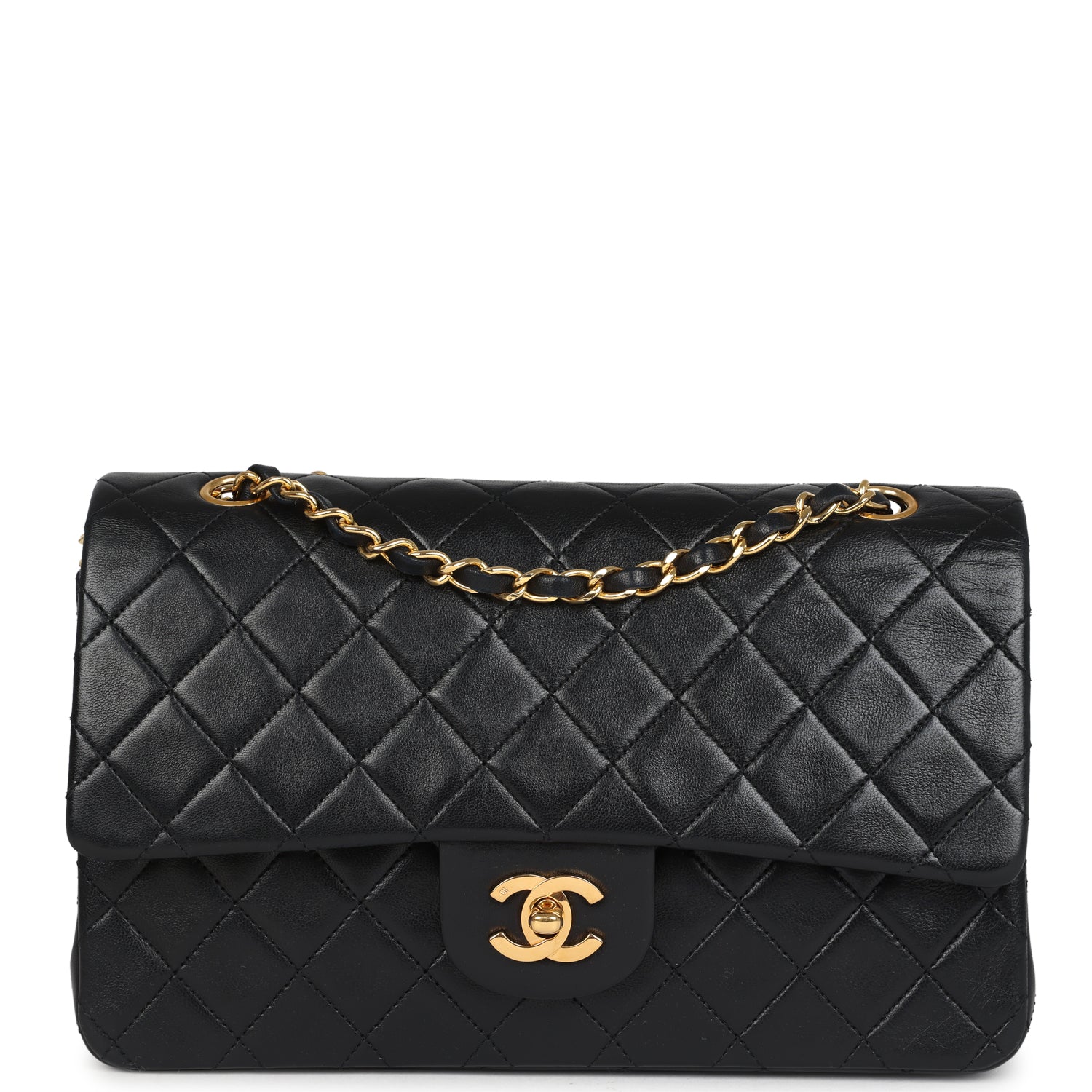 Chanel Vintage Medium Classic Double Flap Bag Black Lambskin Gold Hardware