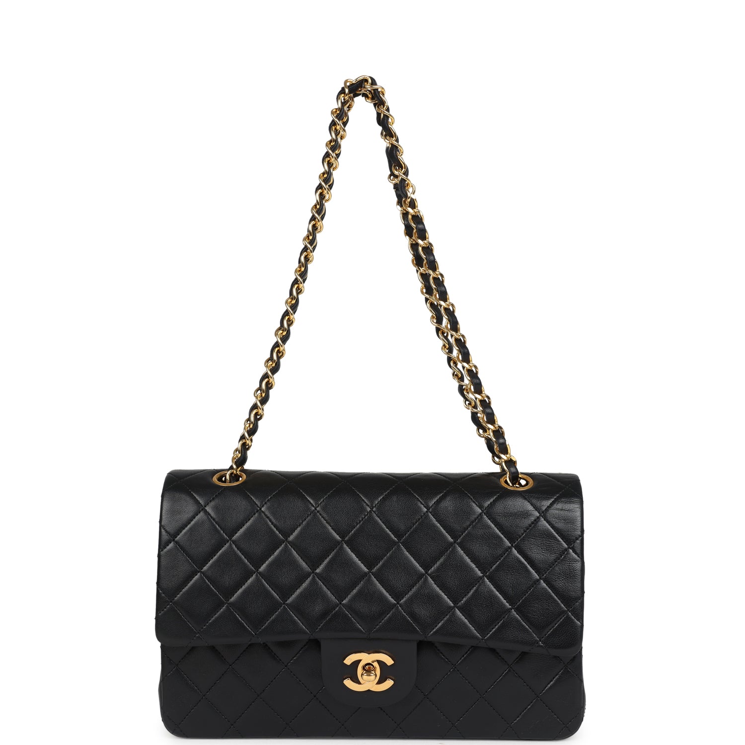 Chanel Vintage Medium Classic Double Flap Bag Black Lambskin Gold Hardware