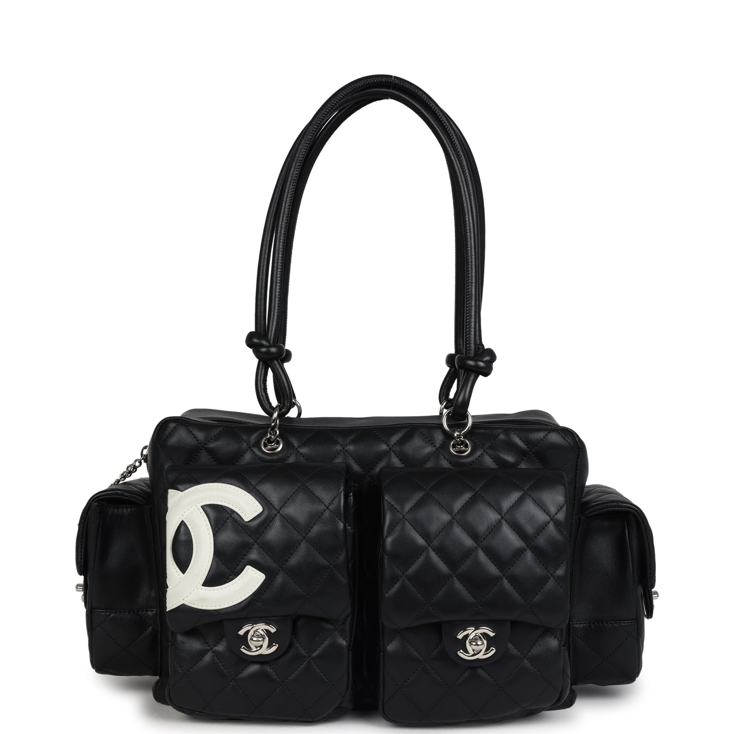 Chanel Vintage Large Cambon Ligne Reporter Bag Black and White Lambskin Silver Hardware