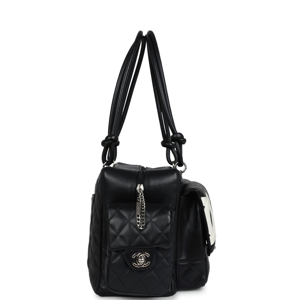 Chanel Vintage Large Cambon Ligne Reporter Bag Black and White Lambskin Silver Hardware