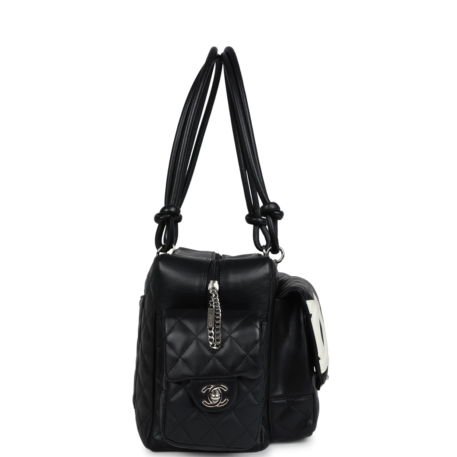 Chanel Vintage Large Cambon Ligne Reporter Bag Black and White Lambskin Silver Hardware