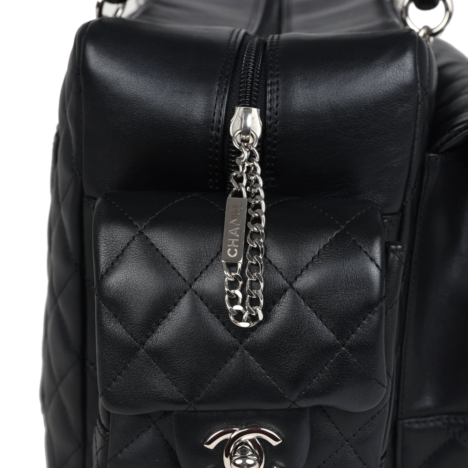 Chanel Vintage Large Cambon Ligne Reporter Bag Black and White Lambskin Silver Hardware