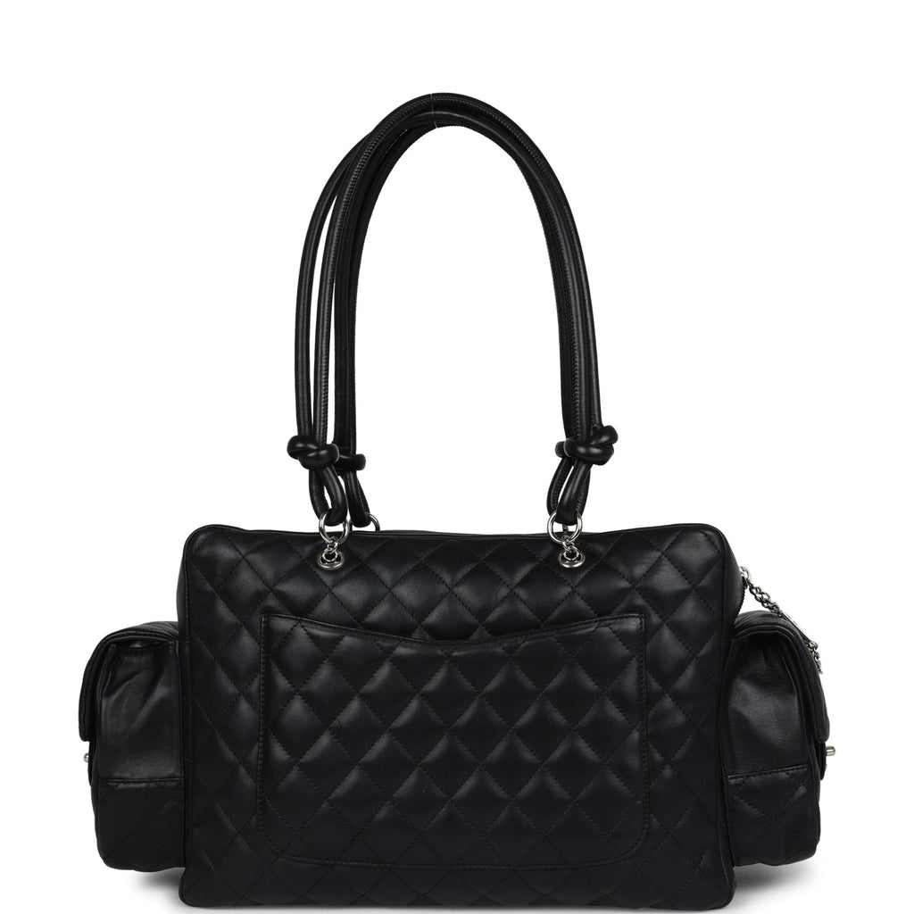 Chanel Vintage Large Cambon Ligne Reporter Bag Black and White Lambskin Silver Hardware