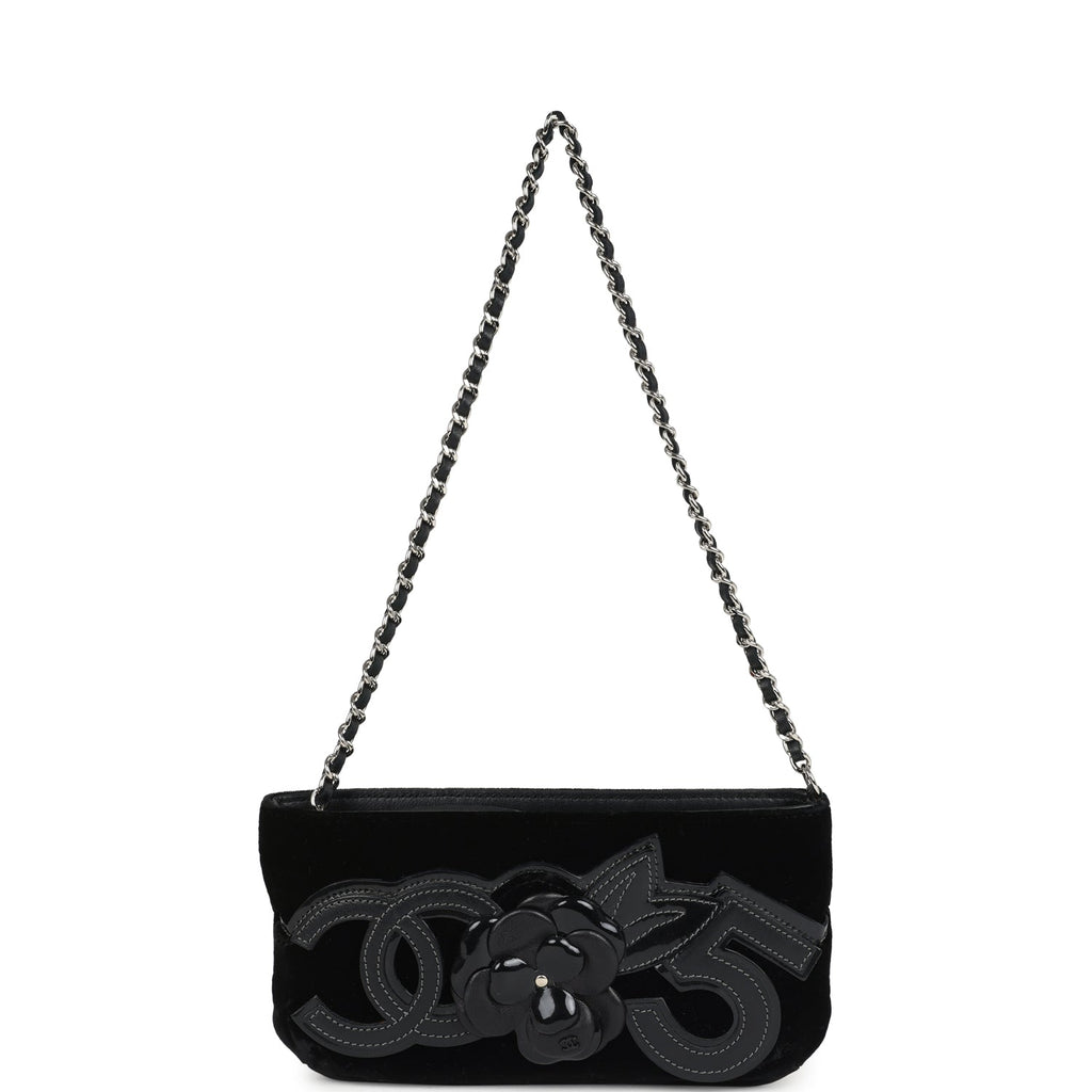 Chanel Vintage Camelia Pochette Black Velvet Silver Hardware