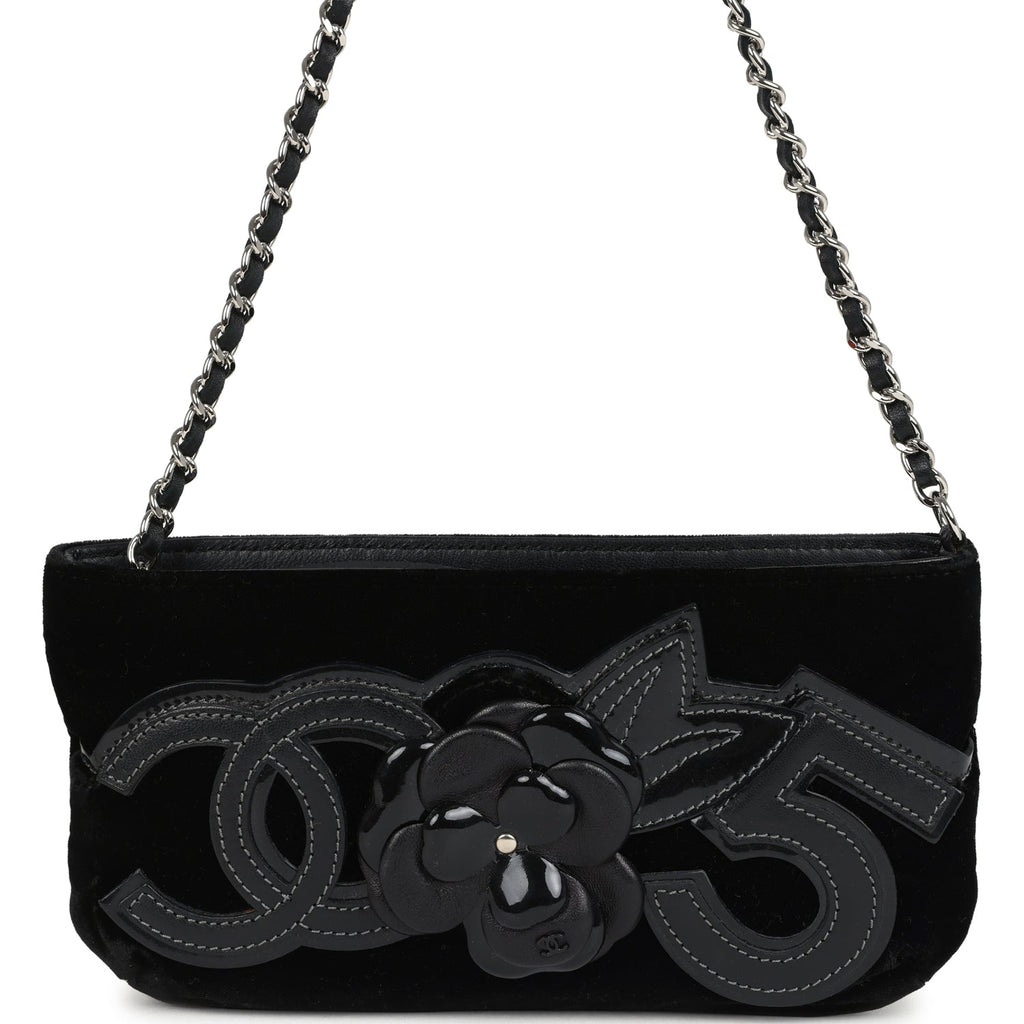 Chanel Vintage Camelia Pochette Black Velvet Silver Hardware