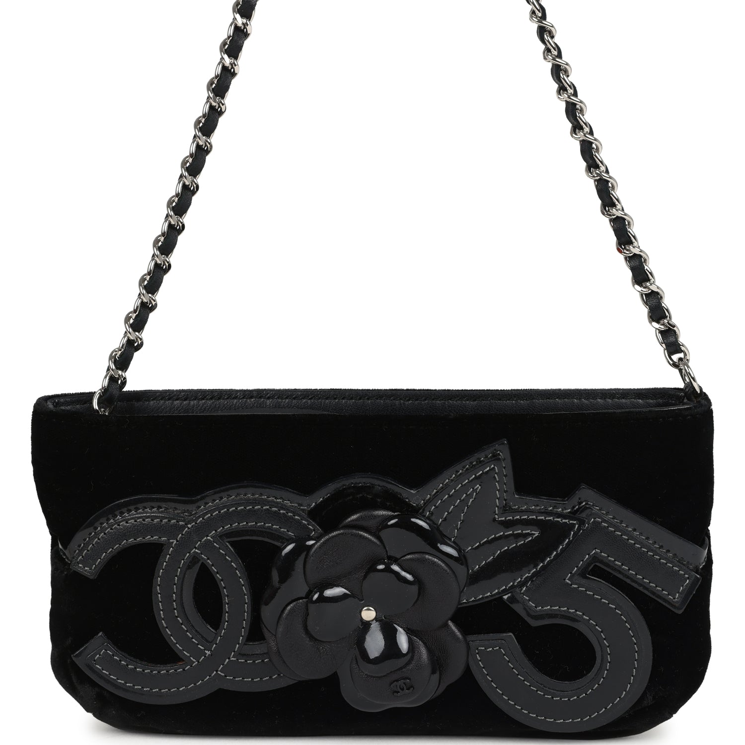 Chanel Vintage Camelia Pochette Black Velvet Silver Hardware