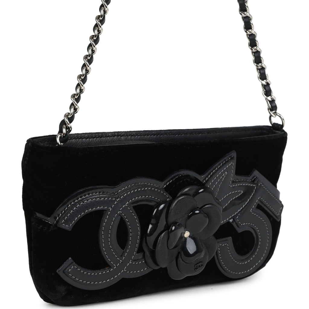 Chanel Vintage Camelia Pochette Black Velvet Silver Hardware