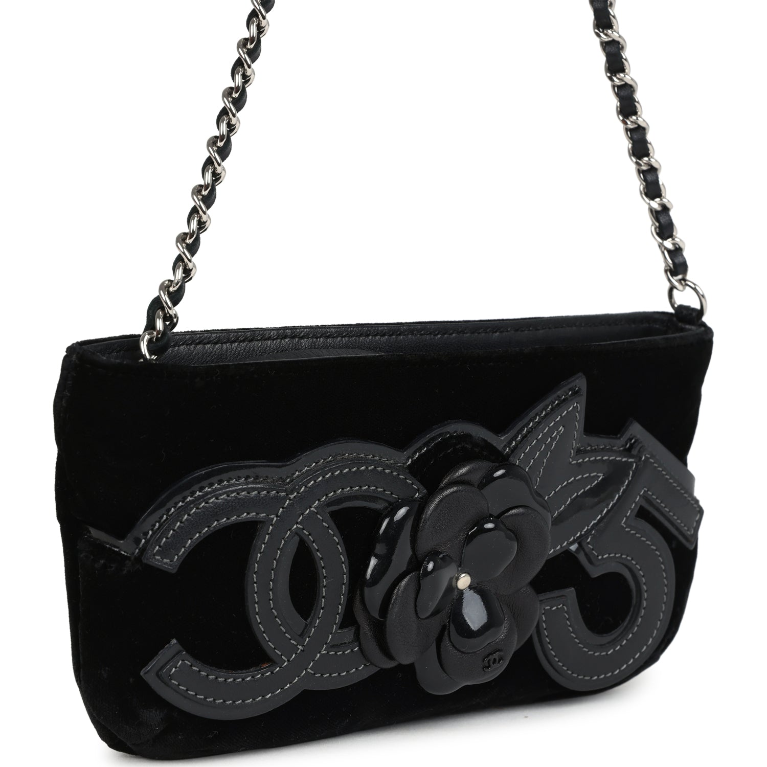Chanel Vintage Camelia Pochette Black Velvet Silver Hardware