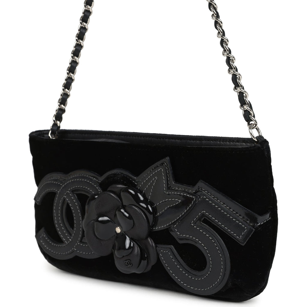 Chanel Vintage Camelia Pochette Black Velvet Silver Hardware