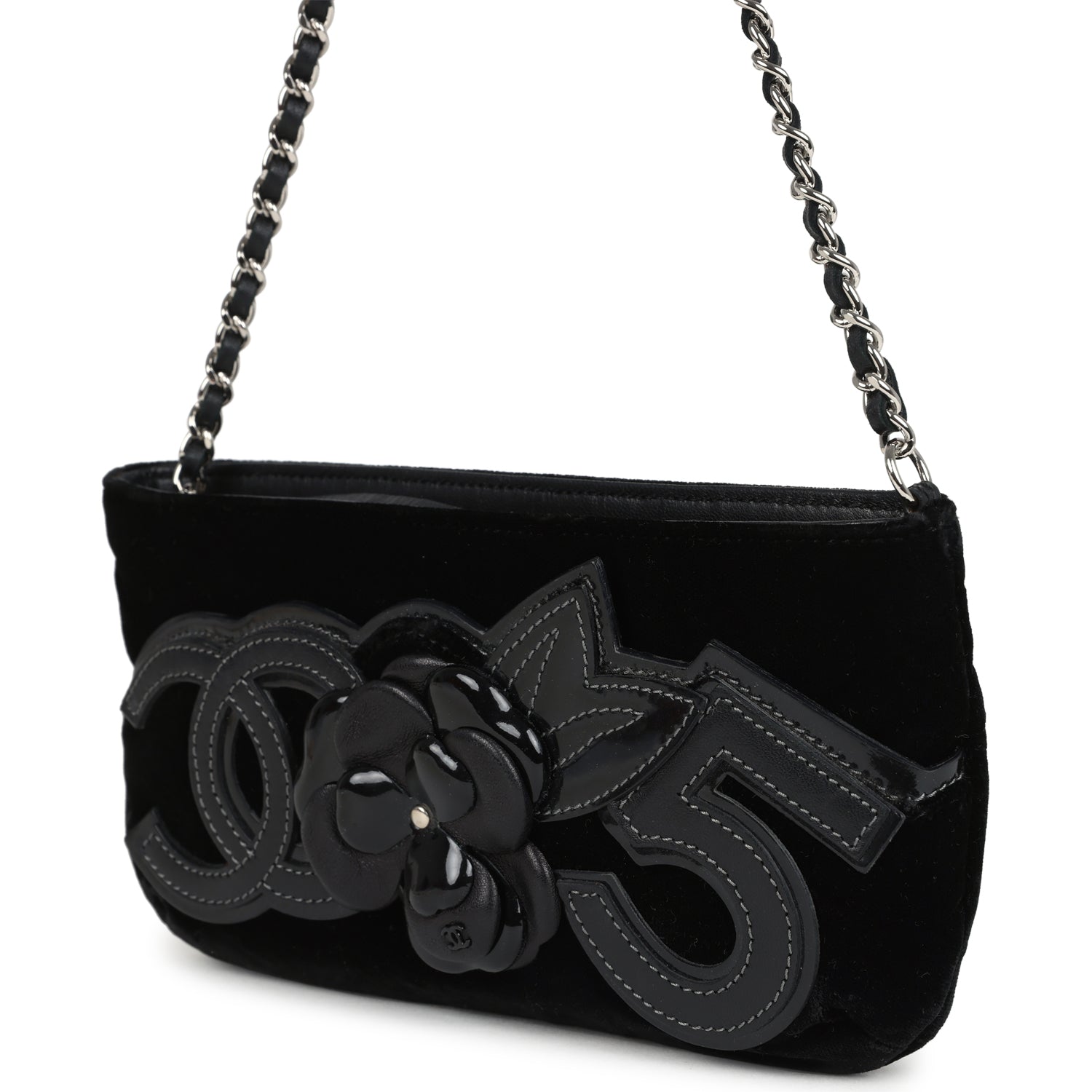 Chanel Vintage Camelia Pochette Black Velvet Silver Hardware