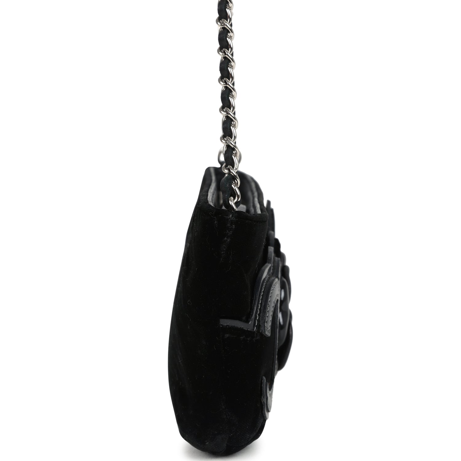 Chanel Vintage Camelia Pochette Black Velvet Silver Hardware