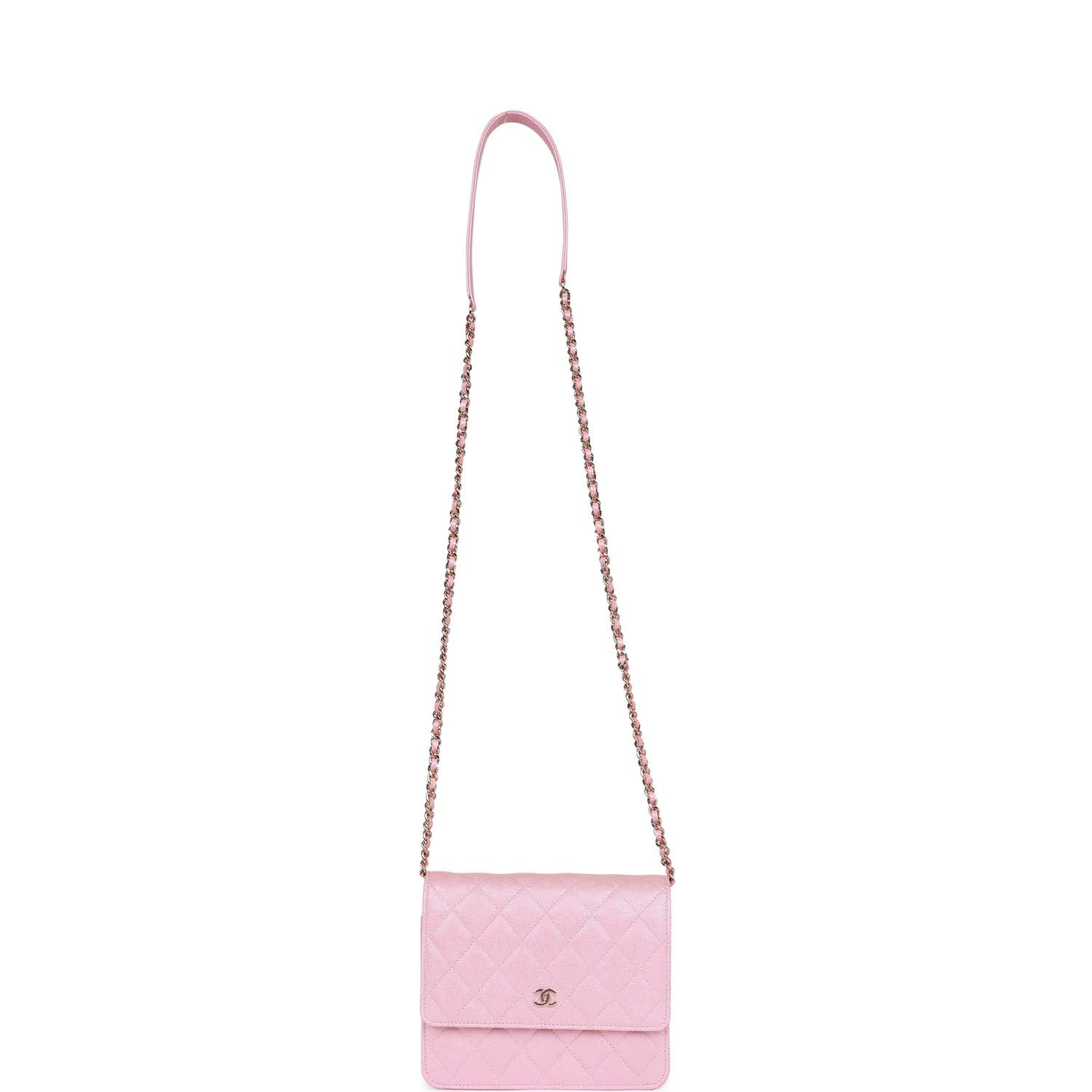 Chanel Square Wallet on Chain WOC Iridescent Pink Caviar Light Gold Hardware