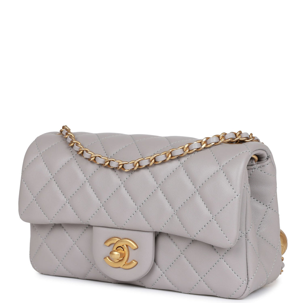 Chanel Pearl Crush Mini Rectangular Flap Bag Light Grey Lambskin Antique Gold Hardware