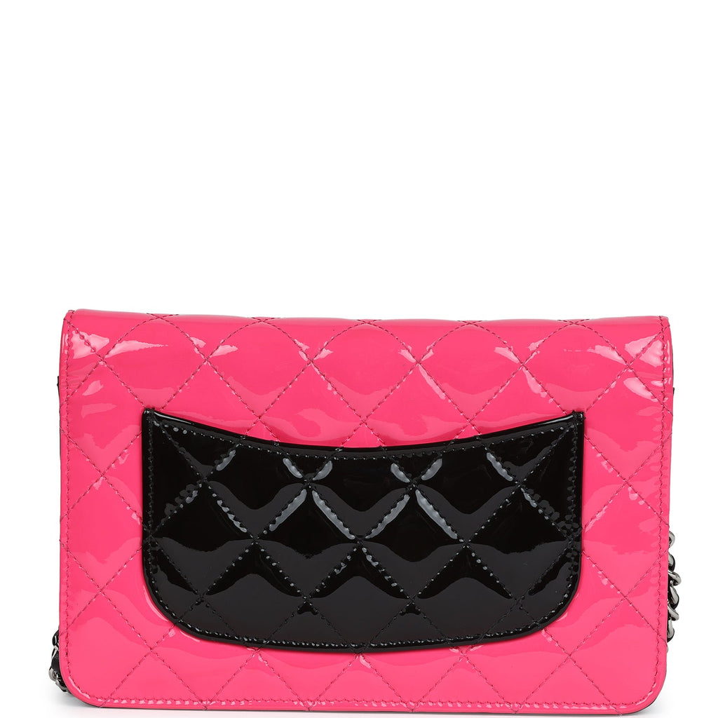 Chanel Classic Wallet On Chain WOC Pink & Black Patent Leather Silver Hardware