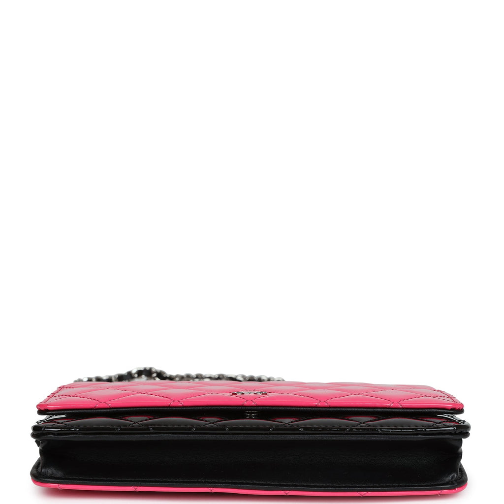Chanel Classic Wallet On Chain WOC Pink & Black Patent Leather Silver Hardware