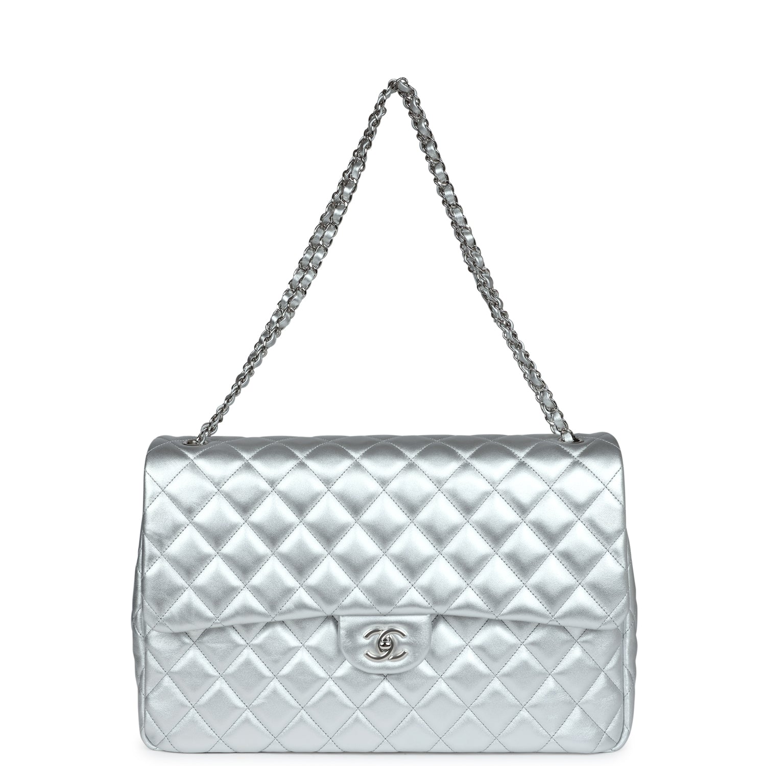 Chanel XXL Flap Bag Silver Metallic Lambskin Silver Hardware